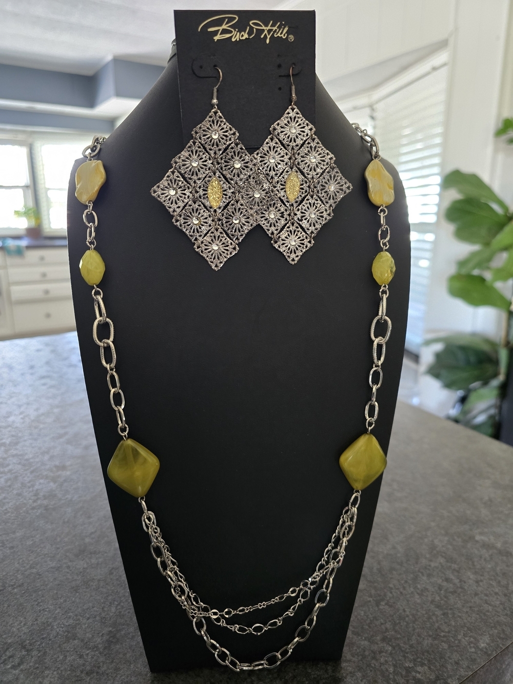 Silver-tone And Yellow Multi-Chain Necklace with Filigree Earrings